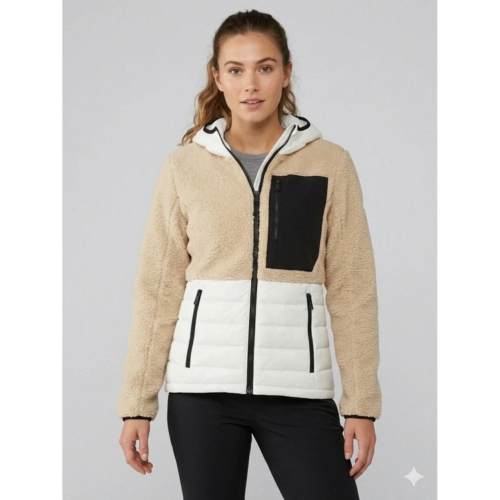 Pajar Canada Women's Hybrid Teddy Faux Fur Puffer Hooded Jacket Cream White Sz M